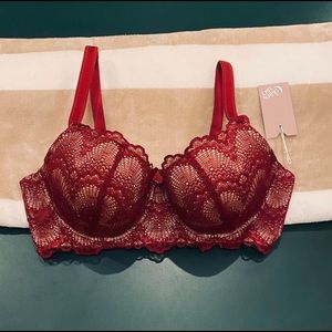 NWT Camio Mio Lightly Padded Red Lace Bra, Size 38C